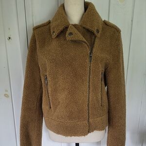 Zara Camel Teddy Moto Shearling Jacket Size L